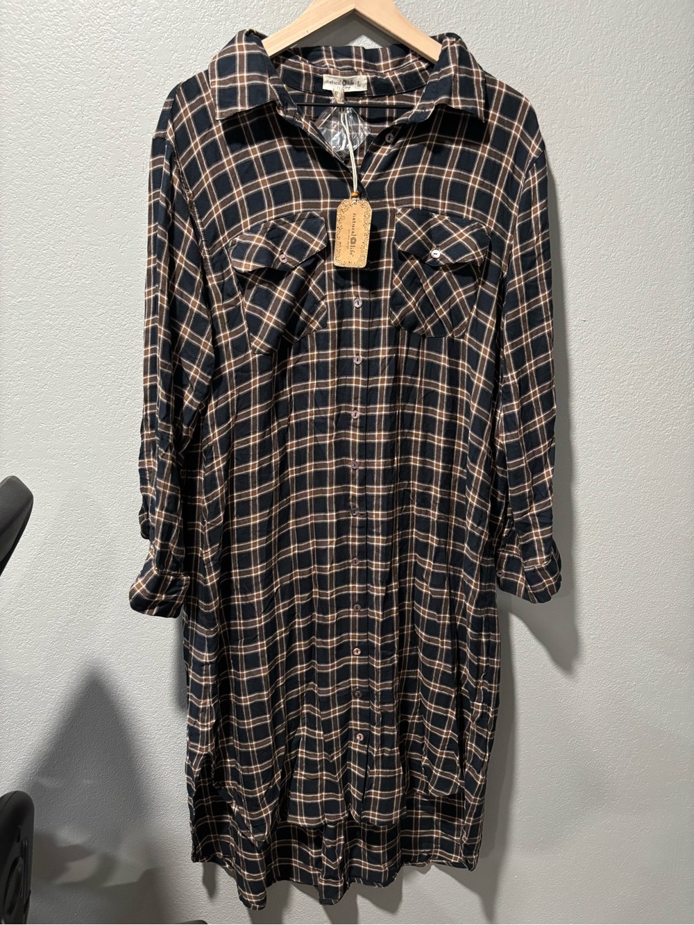 NATURAL LIFE Black and Tan Plaid Midi Shirt Dress